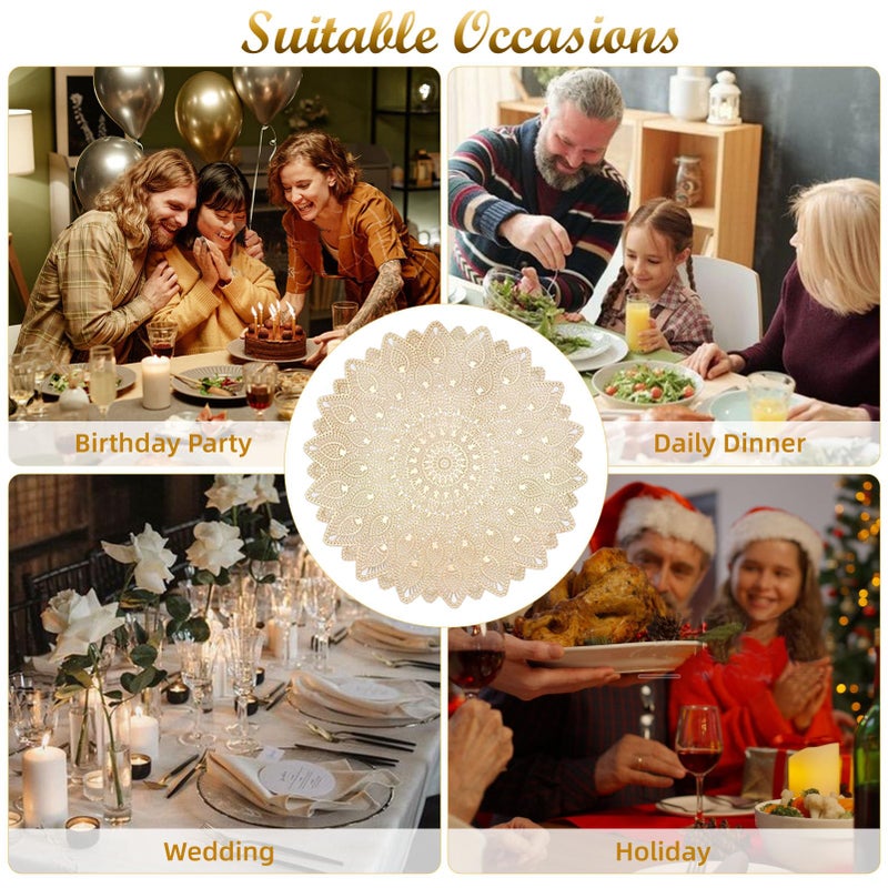 Mabbcoo Gold Round Placemats  Hollow Out Washable and Wipeable Place Mats  Pressed Vinyl Table Mats Set of 6 for Anniversary Dinner Kitchen Decorations - Image 5